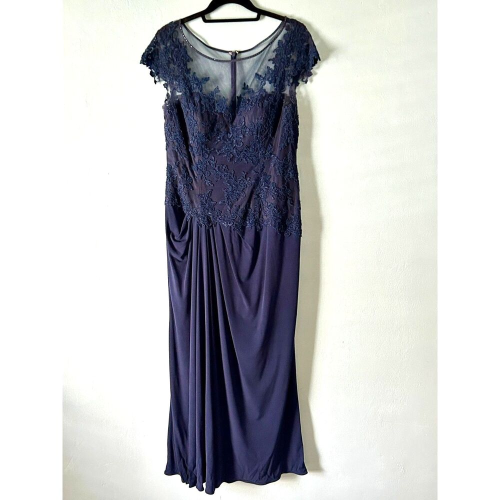 Jade Couture navy blue cap sleeve long gown with lace embordered top size 10